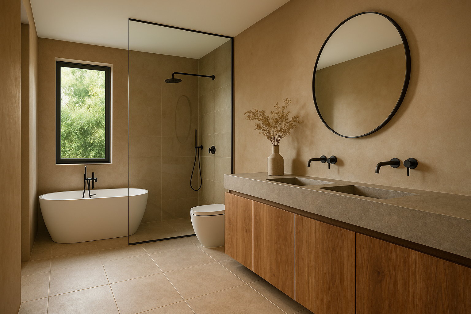 bathroom remodel with micro concrete and earth tones.