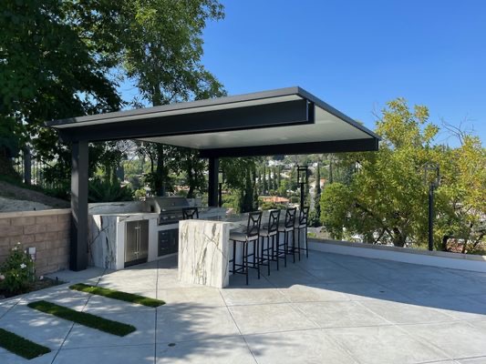 Backyard design with pool, outdoor living space, and fire feature